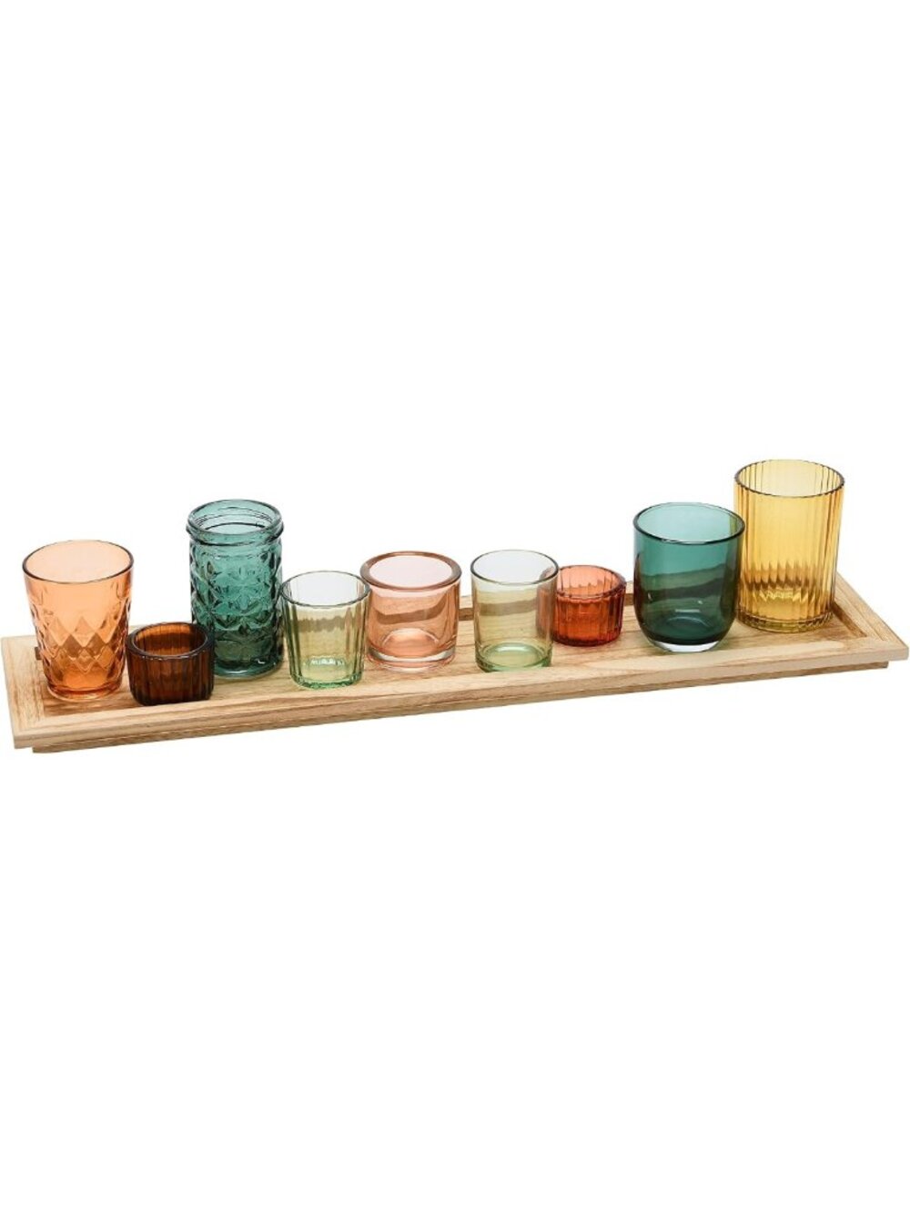 Multicolor Round Glass Votive Holders Set on Wood Tray - 9 Piece Home Decor